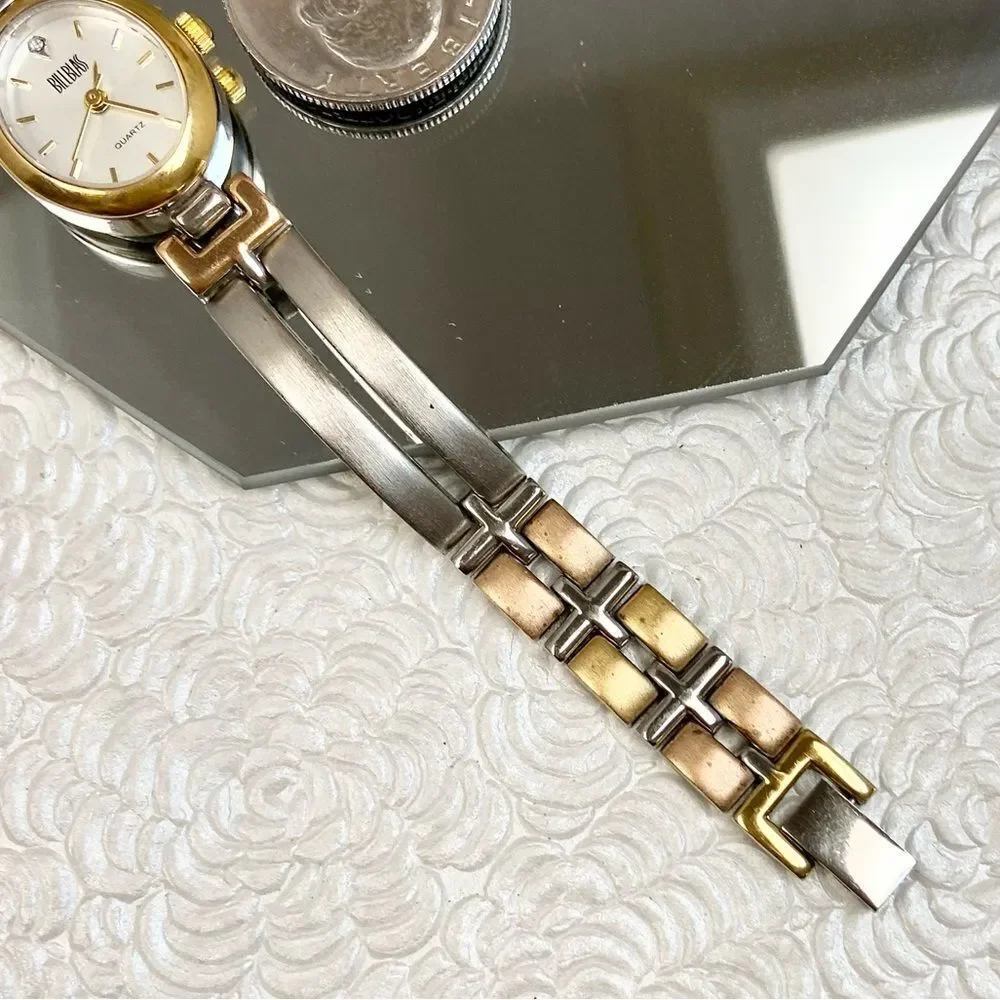 Vintage Bill Blass Diamond Accented Oval Dial Tri-Color Bracelet Watch